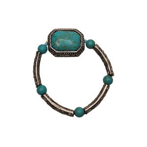 Faux Turquoise Stone Silver Tone Filigree Stretch Beaded Bracelet 2.5 Inches